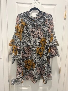 Ranna Gill Floral Print Mini Dress ✨ Jeweled Neckline, Bell Sleeves - XS